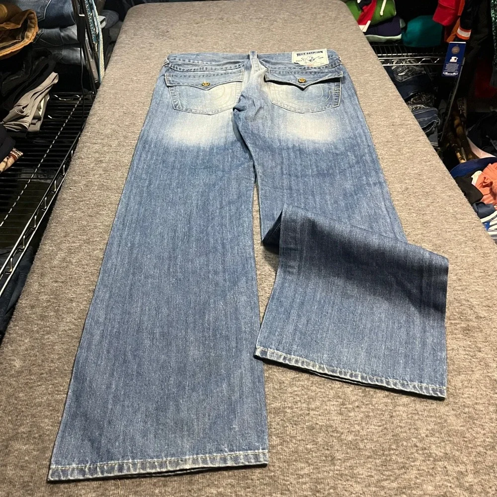 True Religion Mens Baggy Distressed Straight Jeans Blue 34x34 Y2K Streetwear
